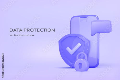 Mobile data protection in 3d style. Shield, padlock, smartphone secure icon. Cyber protection. Concept safety access, security guarantee, protect, safe.Realistic vector illustration