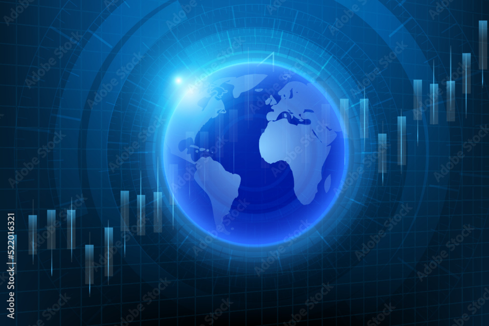 Hi-tech hologram of planet Earth with glowing vector chart of investment financial data. Graph stock market with rising candlesticks. Infographic elements and realistic world map Hi-tech hologram of planet Earth with glowing vector chart of investment financial data. Graph stock market with rising candlesticks. Infographic elements and realistic world map