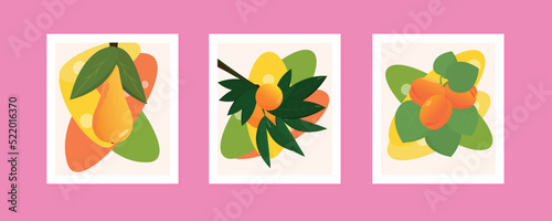 Modern minimalistic fruit aesthetic illustrations for poster or wall decoration.Collection of modern artistic bright engravings