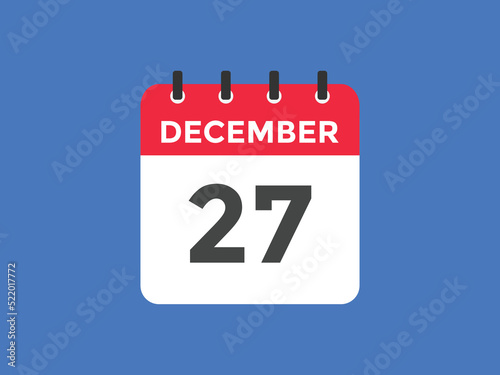 december 27 calendar reminder. 27th december daily calendar icon template. Calendar 27th december icon Design template. Vector illustration
