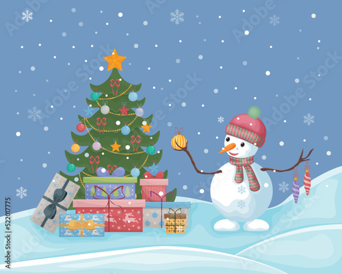 A snowman near the Christmas tree. Cute Christmas illustration with the image of a snowman standing near the Christmas tree with gifts and holding Christmas toys in his hands. Vector illustration © Anastasiya