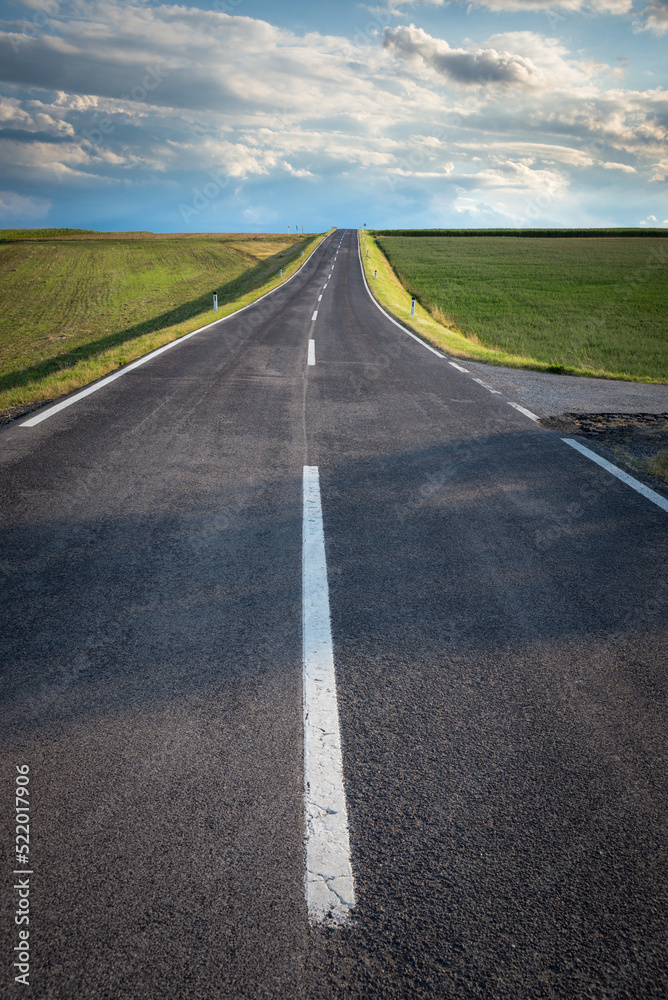 Obraz premium The concrete road leading through the countryside environment with natural scenery of forest and agricultural fields. Country road experience.