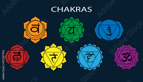 Outline and colors icons chakras set: muladhara, swadhisthana, manipura, anahata, vishuddha, ajna, sahasrara. Vector line symbol. Om sign on a black background. EPS 10 Vector illustration
