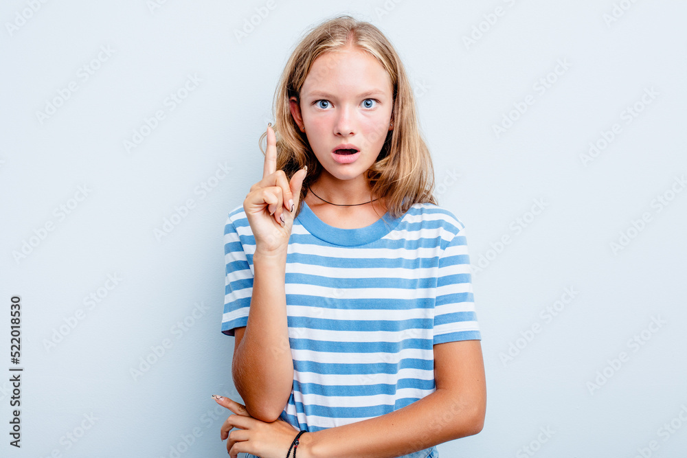 Caucasian teen girl isolated on blue background having some great idea, concept of creativity. Caucasian teen girl isolated on blue background having some great idea, concept of creativity.