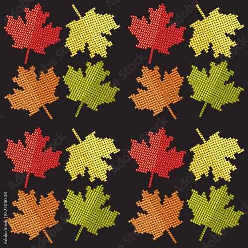 Autumn leaves seamless pattern,background. Pixel cross-stitch embroidery art,game, wallpaper. Vector illustration. Pixel art of Maple Leaf, Flag  Canada. Happy thanksgiving day card, envelope, magazin