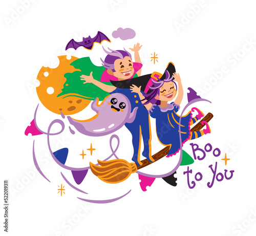 Cute vampire and witch are flying on a broom. Kids halloween party.
Vector illustration. 