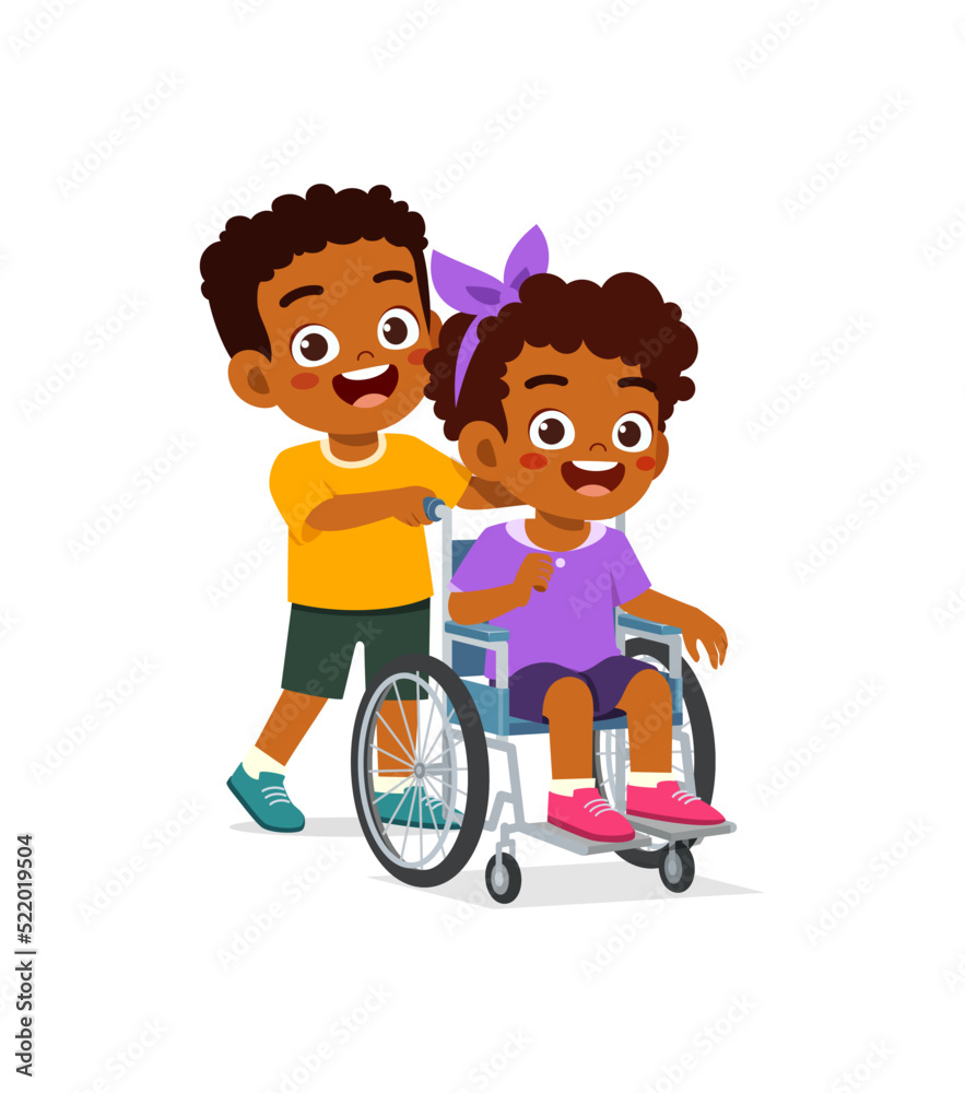 little kid sit on wheelchair with friend and feel happy little kid sit on wheelchair with friend and feel happy
