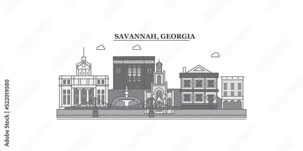 United States, Savannah city skyline isolated vector illustration, icons