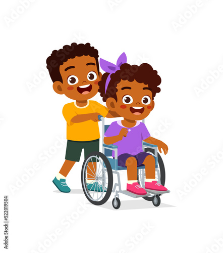 little kid sit on wheelchair with friend and feel happy