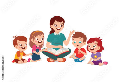 teacher read story book while student sit and listening