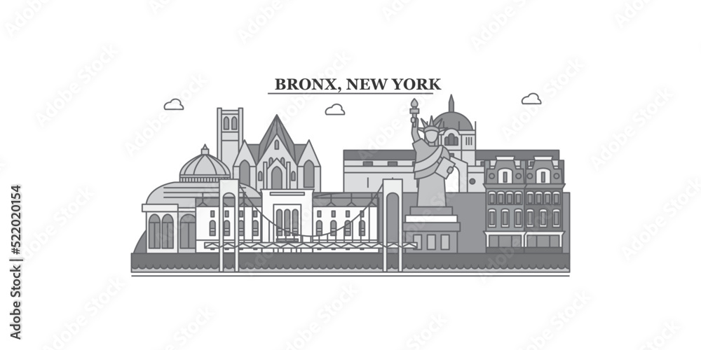 United States, New York Bronx city skyline isolated vector illustration, icons