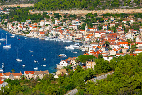 Fototapeta Naklejka Na Ścianę i Meble -  Aerial view on city on the Adriatic Sea, typical Mediterranean architecture, Vis, Vis Island, Croatia