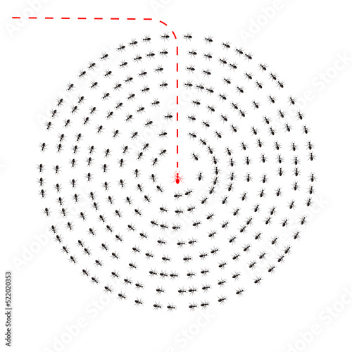 Colony ant. Workers ants marching, one ant changing direction. Be yourself, think differently concept. Going out of line, innovation, unique, leadership, different way, new idea. Seamless vector