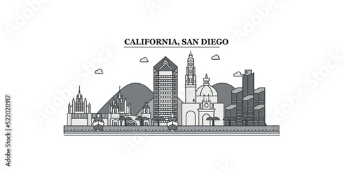 United States, San Diego city skyline isolated vector illustration, icons