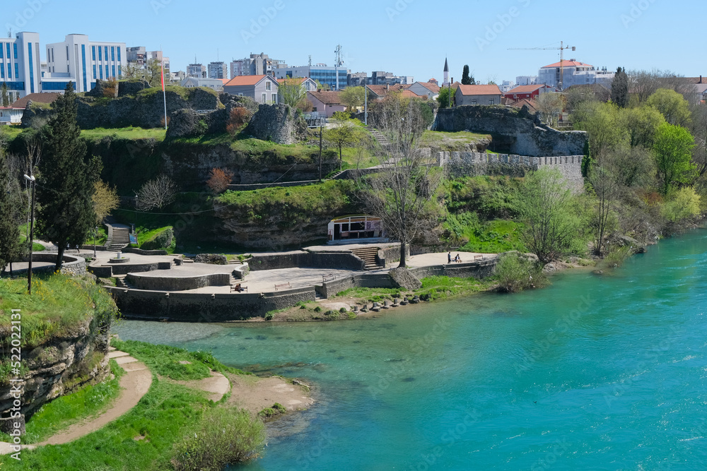 Obraz na płótnie view of the city of the river, green city infrastructure, landscape Podgorica, Montenegro w salonie