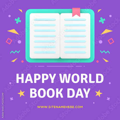 Happy world book day congratulations internet post realistic 3d icon vector illustration
