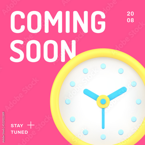 Coming soon digital promo web post internet advertising wall watch realistic 3d icon vector