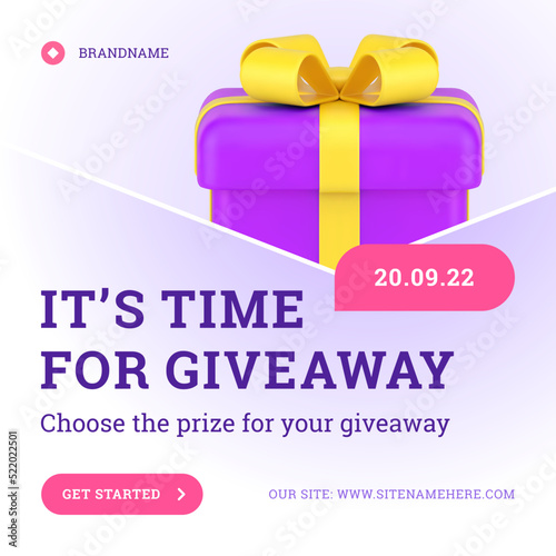 Time for giveaway competition lottery wrapped gift box present with bow web post 3d icon vector