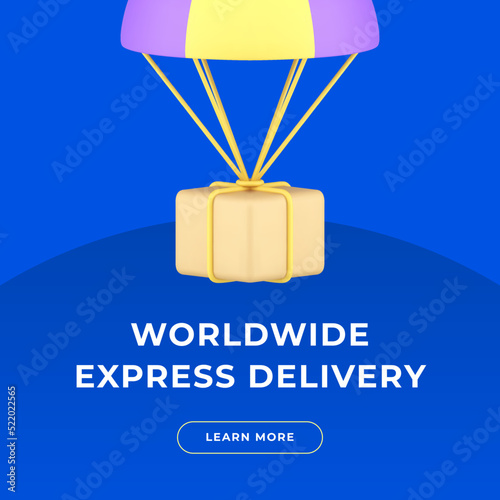 Worldwide goods express delivery flying parachute cardboard box parcel web post 3d icon vector