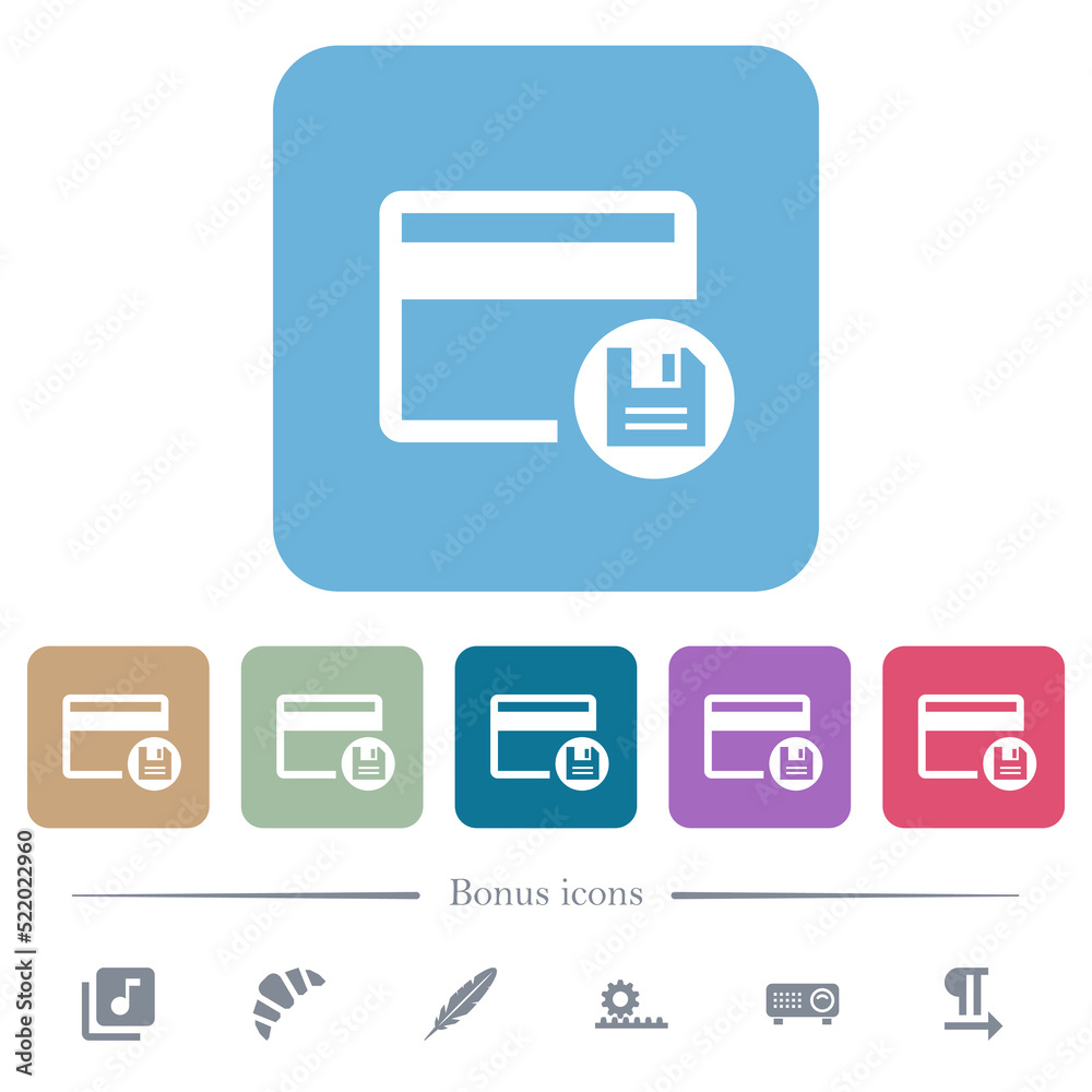 Save credit card flat icons on color rounded square backgrounds