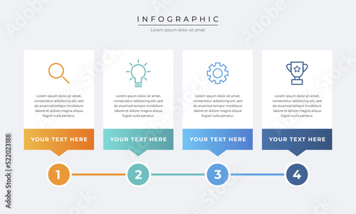 Timeline infographic design. Colourful infographic steps with text boxes. Business concept with 4 steps.