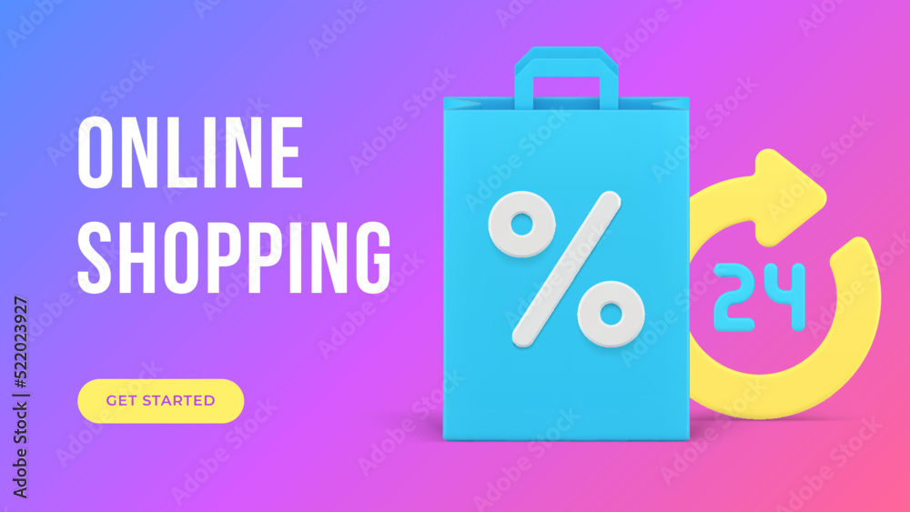 Online shopping web page digital store sale discount 24 hours banner realistic 3d icon vector
