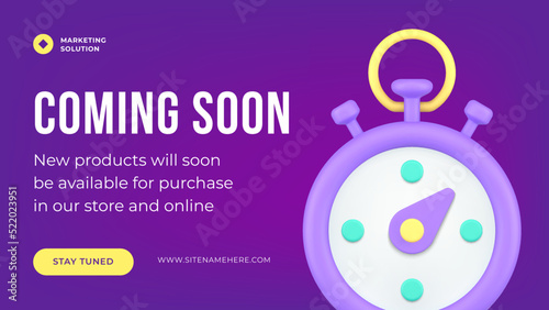 Coming soon advertising promo internet banner purple stopwatch realistic 3d icon vector illustration