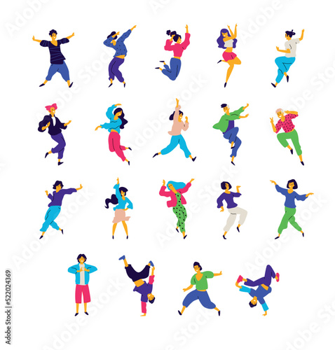 A group of dancing people in different poses and emotions. Vector. Illustrations of men and women. Flat style. A group of happy teenagers are dancing and having fun. Figure for packaging. Dance studio