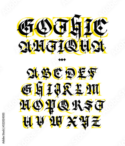 Gothic, display English alphabet. Vector. Medieval Latin letters. Mixing with antiqua. Old European style. Calligraphy and lettering. Uppercase letters.