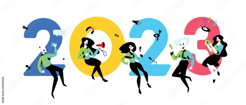 Illustration inscription 2023 New Year in the office. Vector illustration. Employees around the inscription. Image is isolated on white background. PR specialists celebrate. Banner of the New Year and