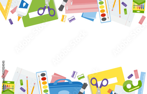 A set of school supplies top and bottom border, back to school and office items on white copy space
