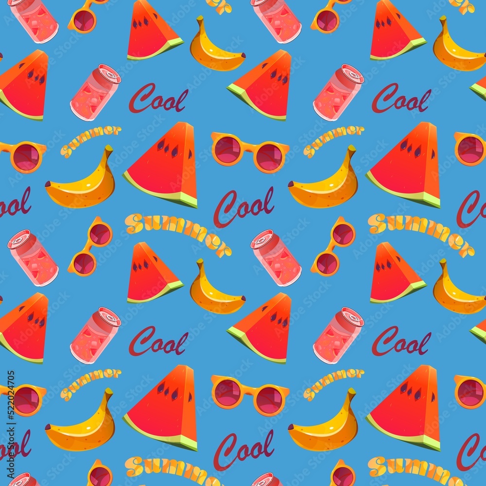 Seamless pattern with fruits. Watermelon and banana. 