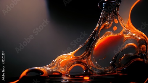 Melted glass, 4k close up illustration. Orange glow, hot molten liquid being poured. Lava, liquid glass texture. Abstract shape with black and grey colors. Macro photo, 3D illustration.