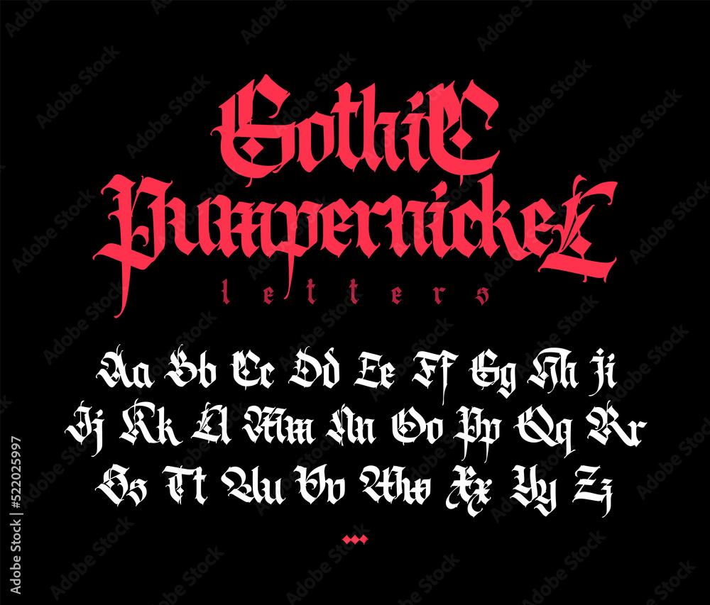 Gothic, display English alphabet.  Medieval Latin letters. Signs and symbols for the monogram. Old European style. Calligraphy and lettering. Uppercase and lowercase letters.