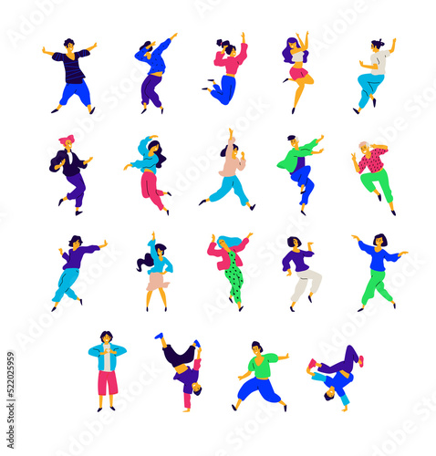 A group of dancing people in different poses and emotions. Illustrations of men and women. Flat style. A group of happy teenagers are dancing and having fun. Figure for packaging. Dance studio.