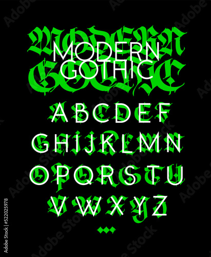 Gothic, display English alphabet. Medieval Latin letters. Mixing with subtle grotesque. Old European style. Calligraphy and lettering. Uppercase letters.