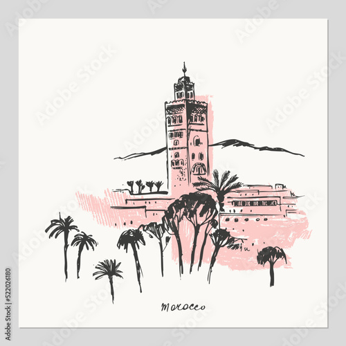 Hand drawn urban sketch of moroccan city buildings