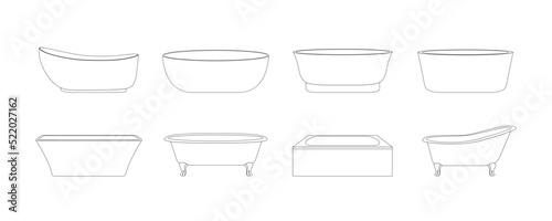 Set of line bathtubs elements for bathroom interior on white background. Modern ceramic tub and washbasin for washroom. Vintage tubs with retro clawfoot. Vector illustration