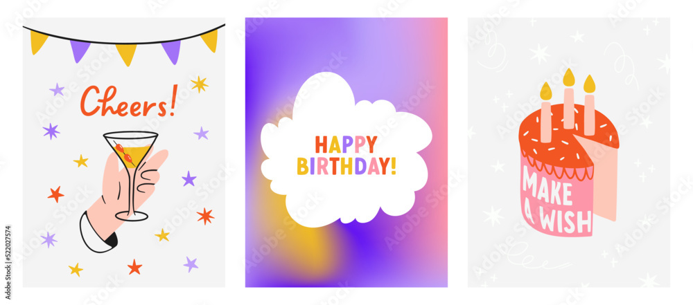 A set of bright birthday cards. Hand-drawn prints with cake, glass and inscriptions. Cartoon style. Simple Flat vector illustration. Design of a invitations, postcard, print for cloth or poster