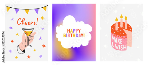 A set of bright birthday cards. Hand-drawn prints with cake, glass and inscriptions. Cartoon style. Simple Flat vector illustration. Design of a invitations, postcard, print for cloth or poster