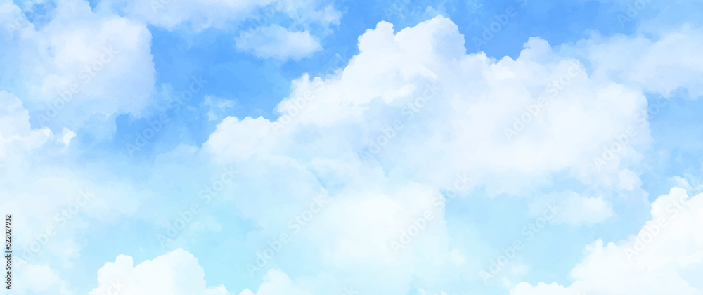 Blue vector watercolor art background with white clouds and blue sky. Hand drawn vector texture. Heaven. Watercolour banner. Abstract template for flyers, cards, poster, cover or design interior. - obrazy, fototapety, plakaty 