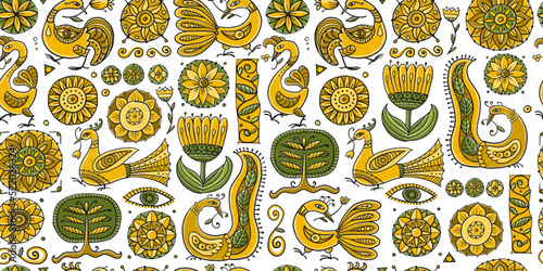 Magic birds and flowers. Vintage seamless pattern background for your design