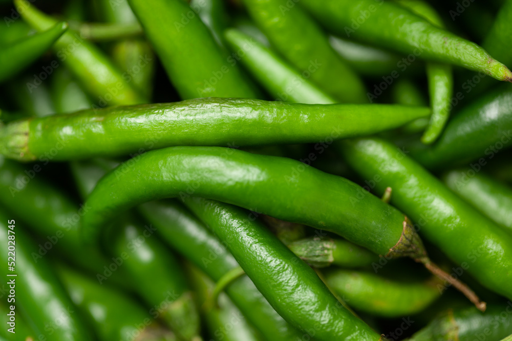 Close-Up of of Indian Organic fresh green chili ( Capsicum annuum ) as full frame background Close-Up of of Indian Organic fresh green chili ( Capsicum annuum ) as full frame background