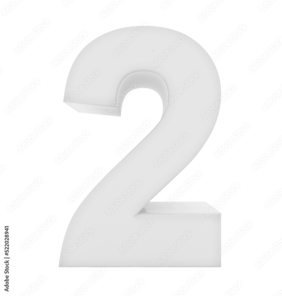 number 2 3d white isolated on white - 3d rendering - obrazy, fototapety, plakaty 