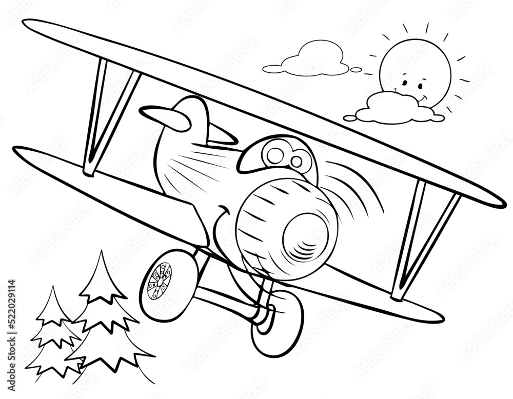 Obraz premium Cartoon biplane for coloring page.