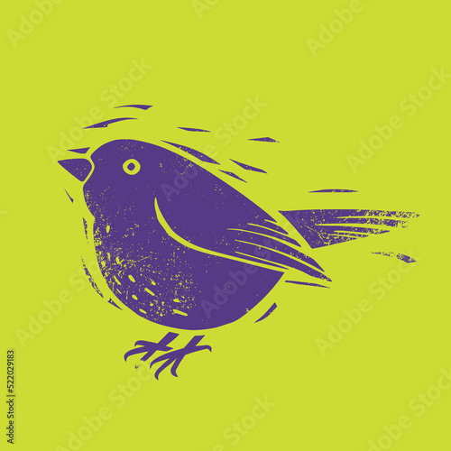 linocut bird with shabby texture in bright acid colors