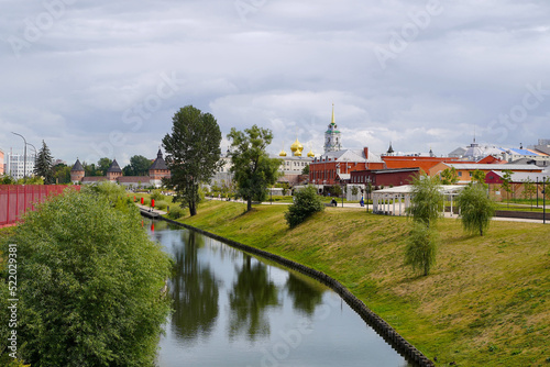 View of the landscaped embankment near the Tula Kremlin. In the background are the domes and the bell tower of the Assumption Cathedral