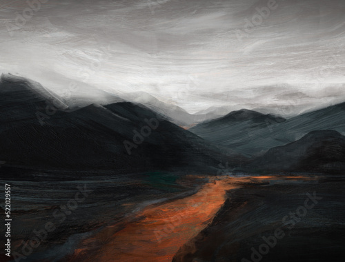 Dark abstract landscape. Versatile artistic image for creative design projects: posters, banners, cards, websites, prints, brochures, wallpapers. Mixed media.