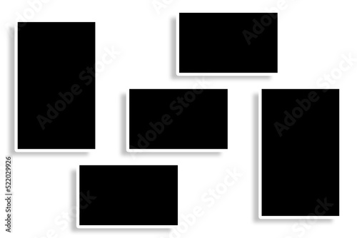 5 Rectangle photo frames in black & white color & a creative layout. Used as a printable photo collage template or a mock up to place album pictures or photographs collection in a classic old style.