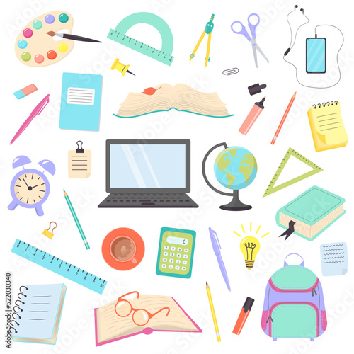 Big set of different school supplies. Back to school concept. Stationery and office items.